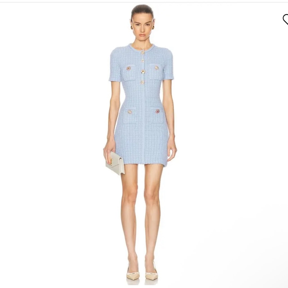 Self-portrait Jewel Button Knit Mini Dress Elegant Blue Short-Sleeve Dress